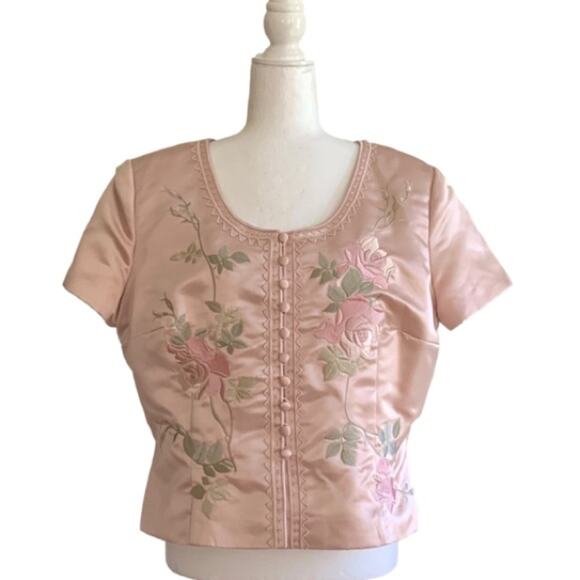 Donna Morgan Jacket Top Satin Pink Embroidered Floral Short Sleeve Formal 16 - Picture 1 of 10
